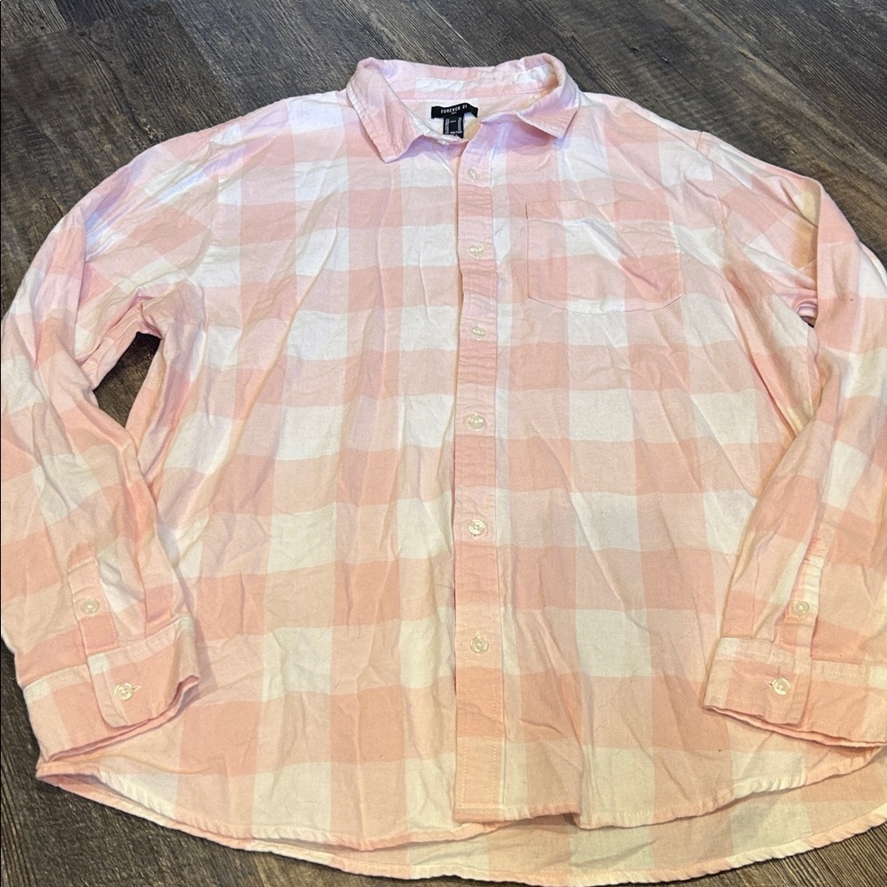 Forever 21 Pink and White Plaid Shirt Size XL